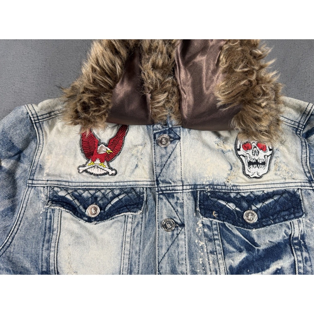 Reason Mulberry Moto Mens Acid Wash Graphic Denim Jacket 2XL Faux Fur Blue - Picture 7 of 8
